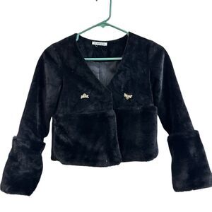 SHEIN Girls Black Fuzzy Posh Bees Brooch Jacket Sz 9-10